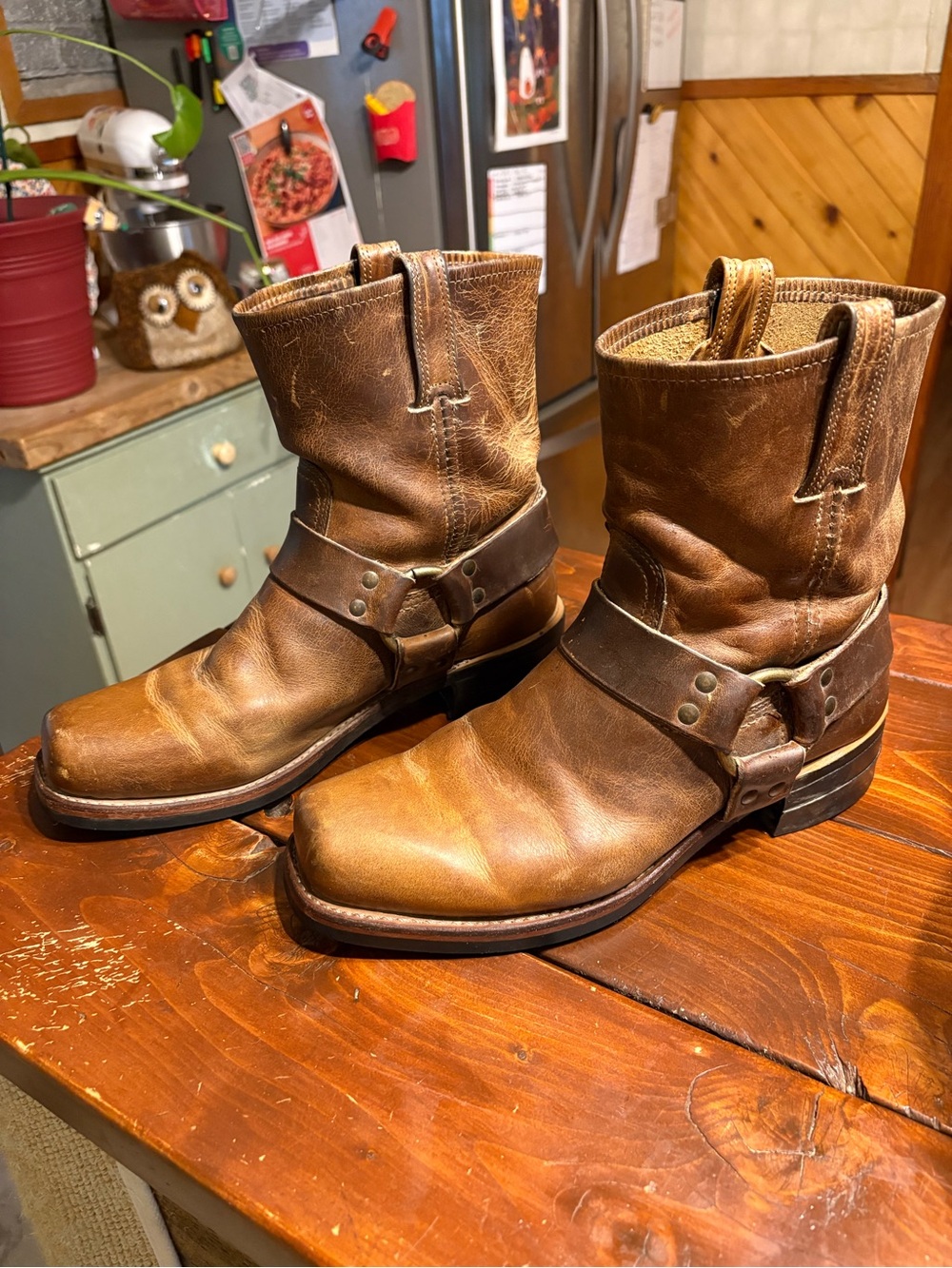 Vintage Frye Harness Boots Made in USA Men's 9M Cognac Brown Leather Minimal Wea
